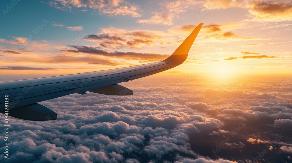 Obraz premium Aerial View of Airplane Wing Gliding Over Fluffy White Clouds Under a Warm Vibrant Sunset Creating a Breathtaking Scene of Sky and Nature Beauty