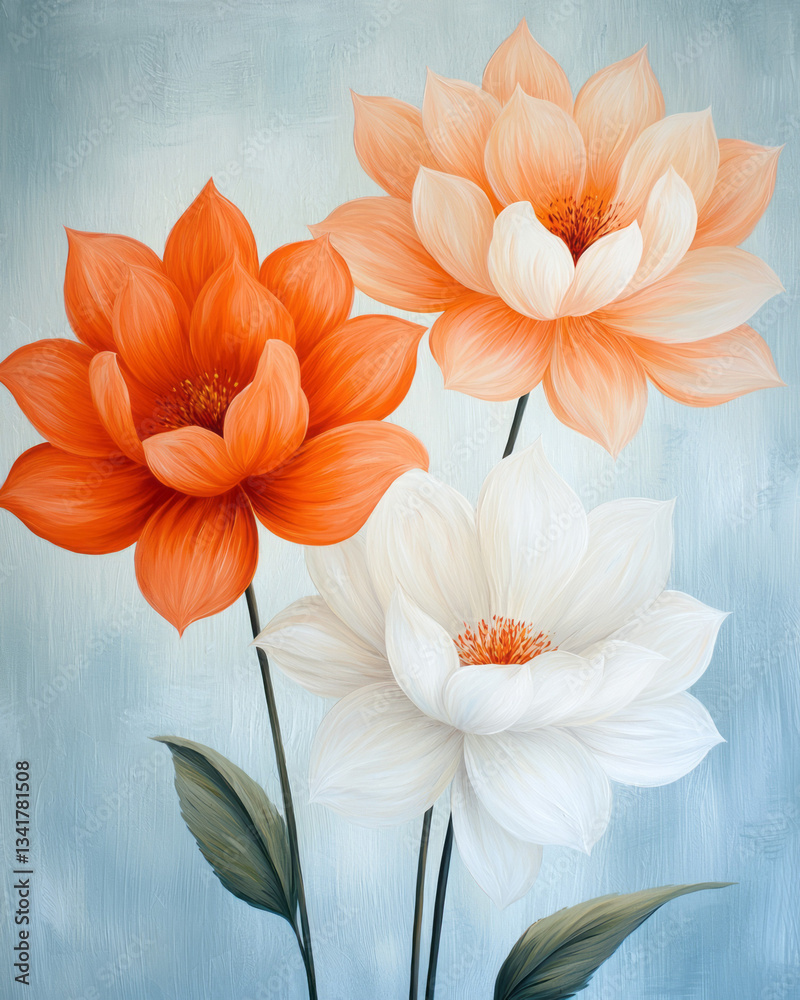 Fototapeta premium A layered composition of three resilient orange and white blooms, the natural beauty of each flower