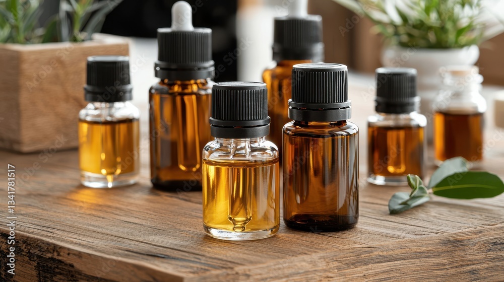 Tranquil Arrangement of Essential Oils on Rustic Wooden Table Surface Tranquil Arrangement of Essential Oils on Rustic Wooden Table Surface
