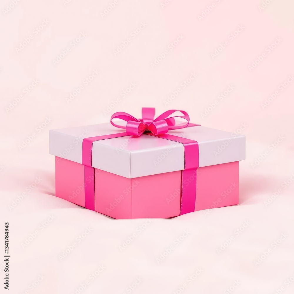 Fototapeta premium Colorful pink present box on a soft white background, presents, box gift