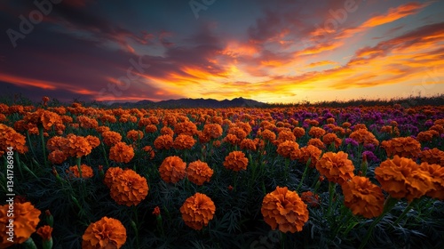 Vibrant Flower Field Under a Majestic Sunset Creating a Dreamy Scene photo