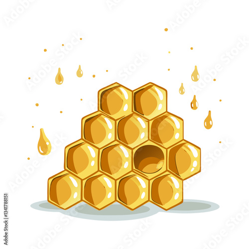 Golden honeycomb vector illustration featuring dripping honey and hexagonal wax cells, symbolizing nature, sweetness, and beekeeping.