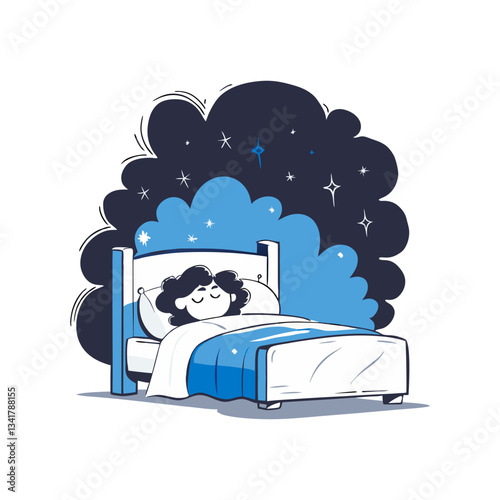 Cozy sleep vector illustration featuring a relaxed person sleeping in a comfortable bed with a dreamy night sky background, symbolizing rest and relaxation.
