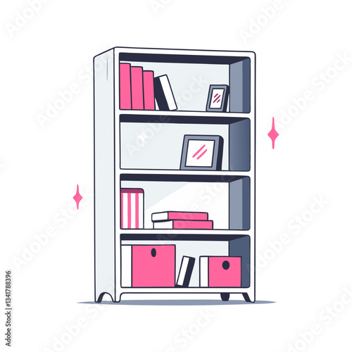 Modern bookshelf vector illustration featuring neatly arranged books, decorative items, and storage boxes in a stylish, minimalistic design with pink accents.