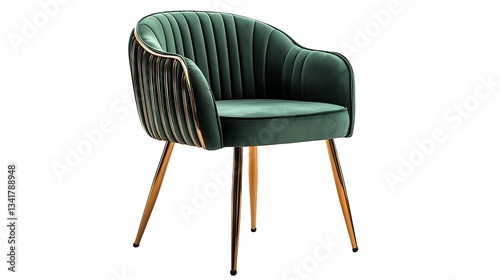 A contemporary dining chair with sleek, metallic legs and fabric cushion, isolated on white background