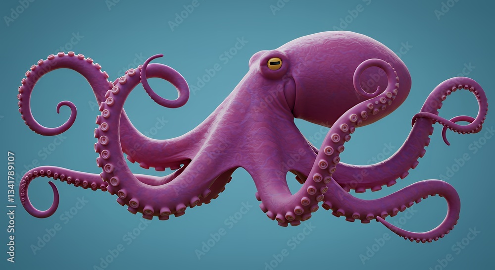 Fototapeta premium Magenta Octopus Floating Elegantly on Blue Background - Sea Life Illustration