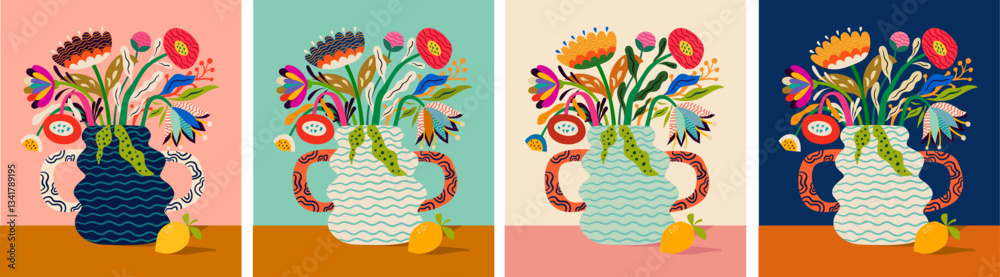 Fototapeta premium Beautiful flower posters. Abstract modern still life. Vector colorful art posters with bouquet of flowers. Notebook covers