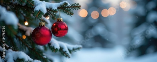 Hanging Christmas ornaments on a snow-covered branch, twinkling lights, evergreen branches, winter wonderland scene