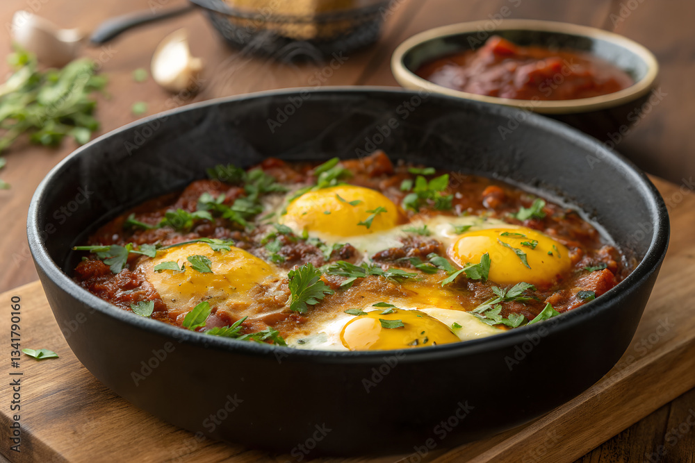 A Black Bowl Filled with Baked Eggs Nestled in a Rich Tomato Sauce, Topped with Fresh Parsley A Black Bowl Filled with Baked Eggs Nestled in a Rich Tomato Sauce, Topped with Fresh Parsley