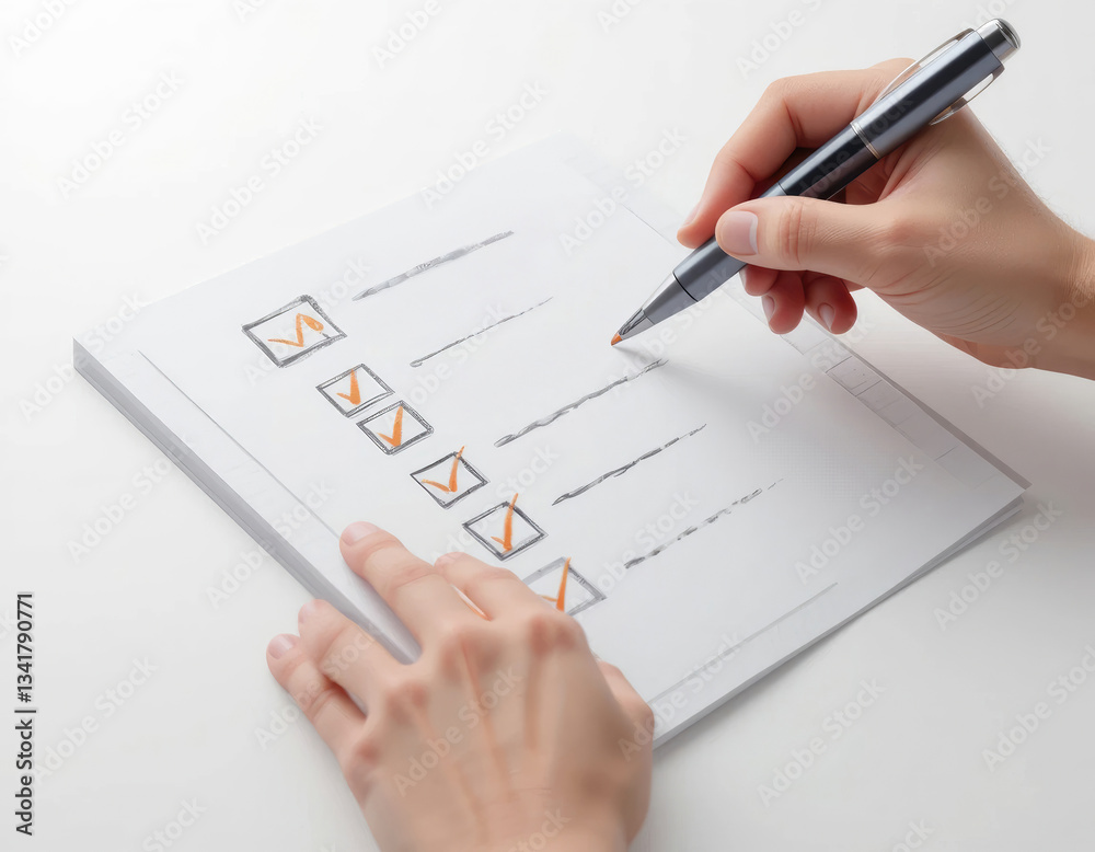 Completing Checklist with Checkmarks Using Pen on Paper Document Completing Checklist with Checkmarks Using Pen on Paper Document