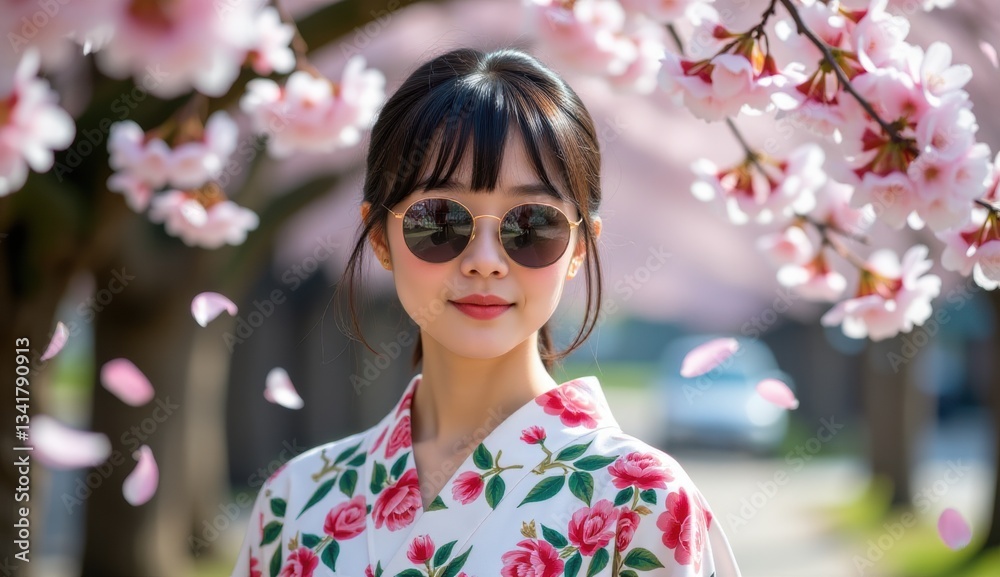 A graceful young woman wearing a floral kimono and stylish sunglasses stands beneath blooming cherry blossoms. The soft pink petals and dreamy atmosphere create a serene and elegant springtime moment. A graceful young woman wearing a floral kimono and stylish sunglasses stands beneath blooming cherry blossoms. The soft pink petals and dreamy atmosphere create a serene and elegant springtime moment.