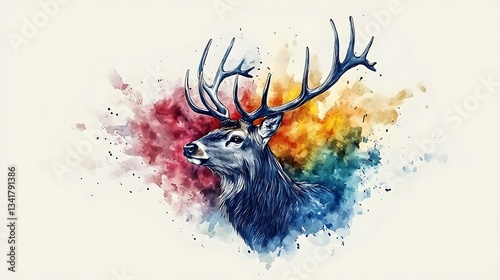 Colorful watercolor deer head portrait.