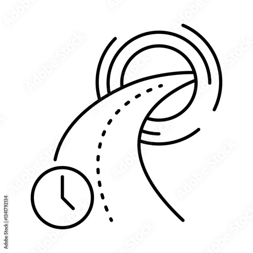 Time Travel Icon – Clock and Path Representing the Concept of Traveling Through Time. Vector Editable Stroke