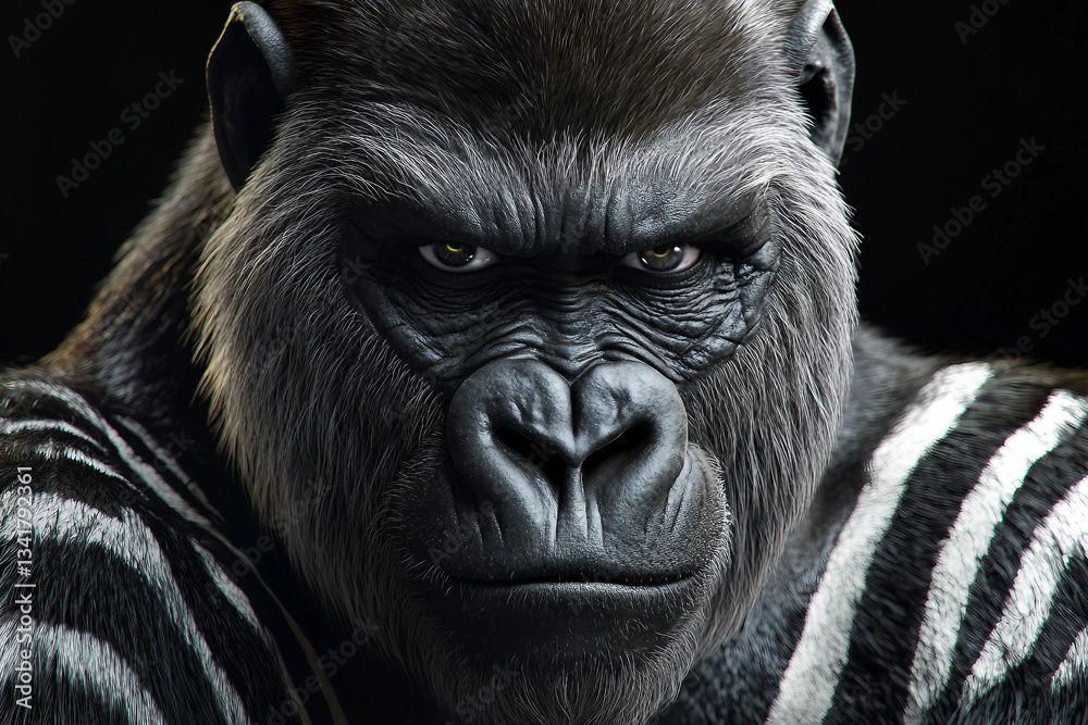 Fototapeta premium Surreal Hybrid Animal With Intense Gaze And Unique Fur Patterns In A Dark Background, Generative AI