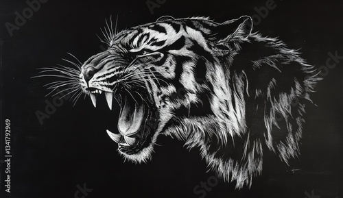 Roaring tiger scratchboard art, dark background, wildlife print