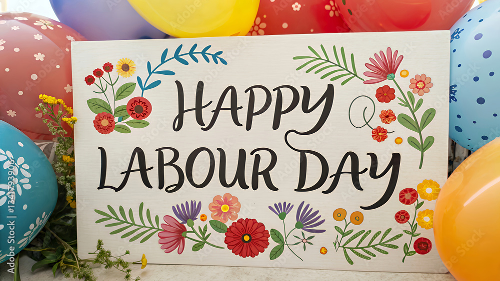 Naklejka premium Happy Labour Day Calligraphy with Bright Balloons and Floral Decorations