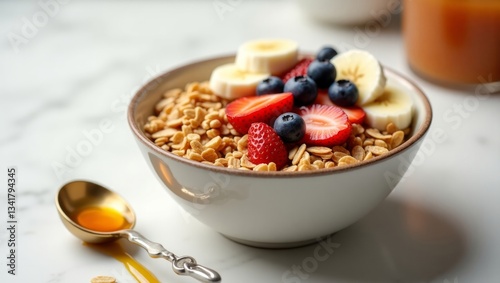 Granola, honey, and fruit in a ceramic bowl, representing a healthy breakfast
