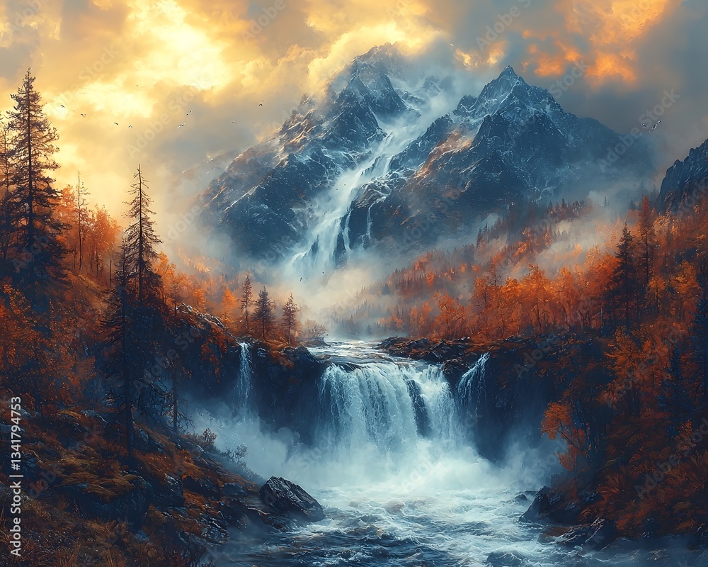 Naklejka premium Majestic waterfall cascading down rugged mountain landscape