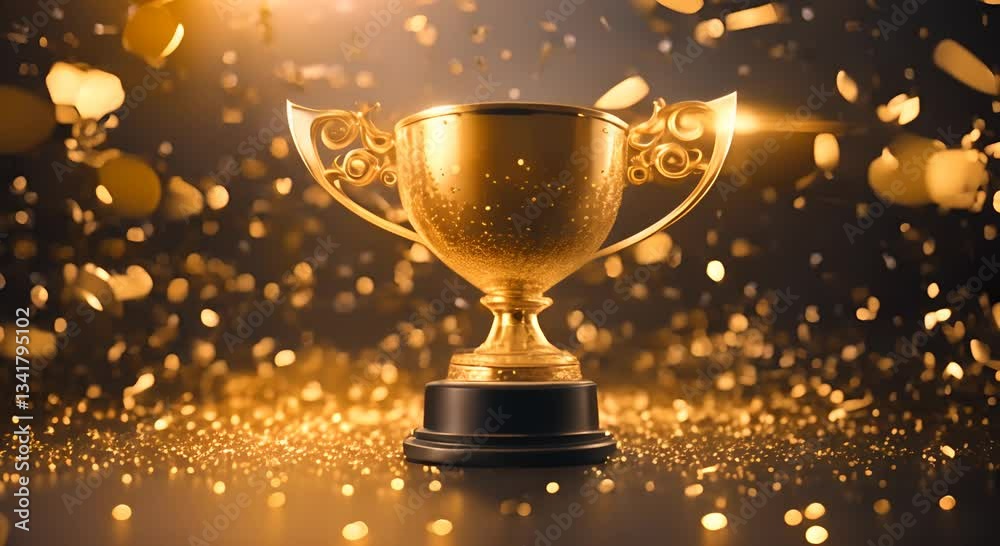 Golden trophy with sparkling confetti on a dark background Video of award and celebration concept 4K Golden trophy with sparkling confetti on a dark background Video of award and celebration concept 4K