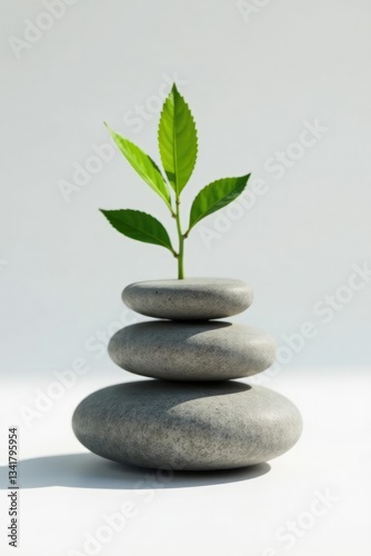 Stacked stones with small green plant growing between them, earthy, nature, balance harmony nature earthy calm peaceful serene minimalist white backdrop