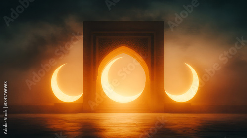 Dreamy photographic illustration featuring gentle crescent moons illuminated softly amidst subtle