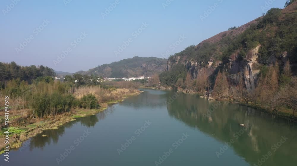 Aerial view of Xiandu Scenic Area in Jinyun, Lishui, Zhejiang, China, majestic mountains and misty fogs. High quality 4k footage