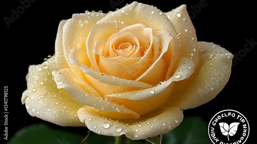 Single pale yellow rose with dew drops.