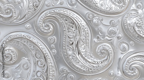 Elegant, silver paisley pattern. Detailed, embossed swirls and curves create a textured, decorative surface