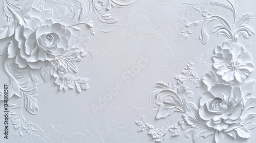 Ornate floral bas-relief design on a light gray background.  Delicate carvings of roses and scrolls