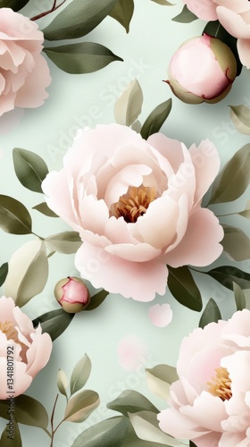 Delicate pink peonies bloom gracefully against a light mint background with watercolor detailing capturing the essence of serene beauty