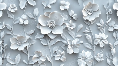 Floral 3D wall decor, elegant light grey flowers and leaves