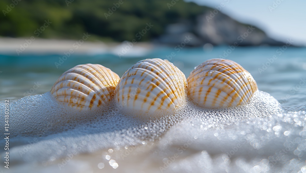 Captivating Closeup of Sea Shells on Shore with Foamy Ocean Waves Captivating Closeup of Sea Shells on Shore with Foamy Ocean Waves
