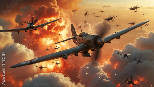A squadron of vintage fighter planes engage in a fierce dogfight amidst explosions and billowing clouds.