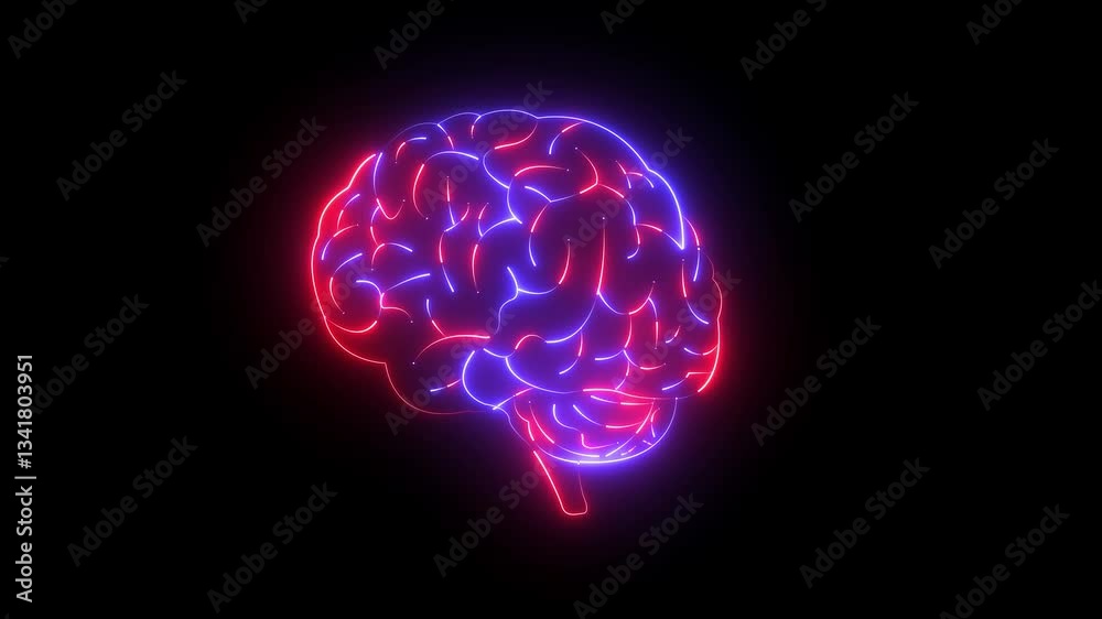 Medical futuristic technology of the neon lines drawing a man brain on black background. Computer generated icon of the human brain.  neon brain thinking with neon light running through the meanders.
