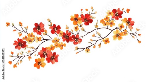 Delicate floral branch with vibrant orange and red blossoms.  Detailed botanical design