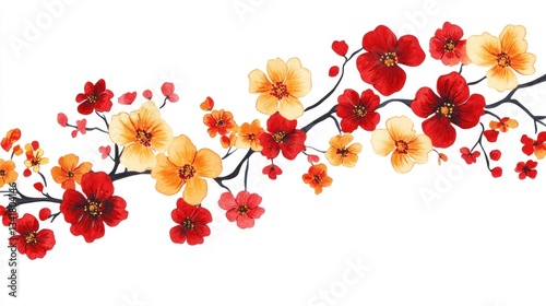 Delicate blossoms in vibrant hues of red and gold adorn a flowing branch.  A gentle, artistic watercolor floral design