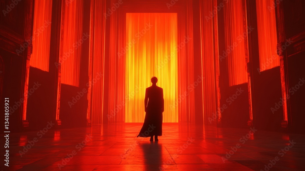 Silhouette Walking Towards a Fiery Gate in a Red Hallway Silhouette Walking Towards a Fiery Gate in a Red Hallway