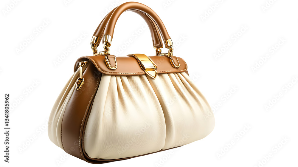 Elegant handbag features beige leather and tan trim accents