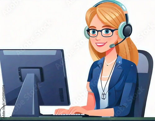Illustration of a woman wearing a headset, working at a computer in an office environment.
