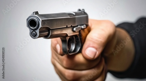Close-up of a hand holding a handgun pointed straight ahead against a gray background