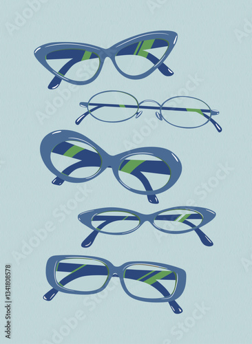 Sunglasses collection portrait drawing in vintage style with transparent lens and blue frame on light blue background