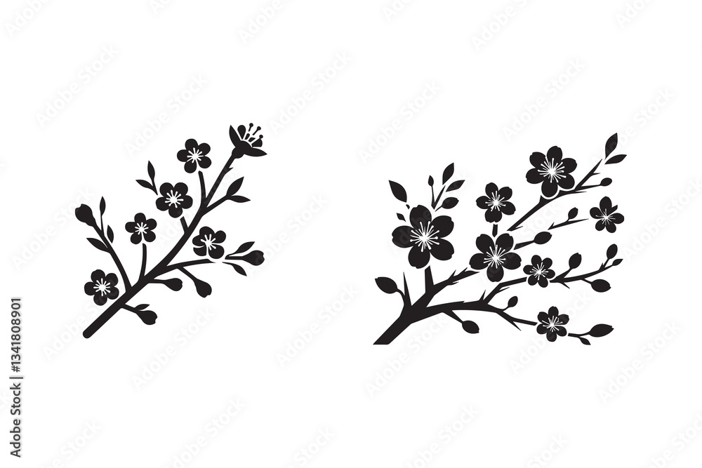 Naklejka premium black and white color sakura brunch icon vector silhouette illustration