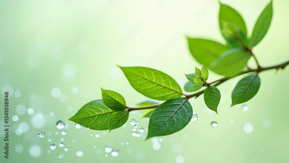 Obraz premium Minimalist composition of green leaves and water droplets, symbolizing freshness and purity