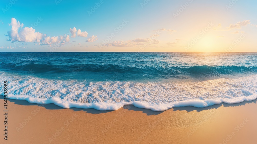 Fototapeta premium Panoramic view of a serene beach at sunset with gentle waves lapping against sandy shore under a vibrant sky filled with fluffy clouds and beauty