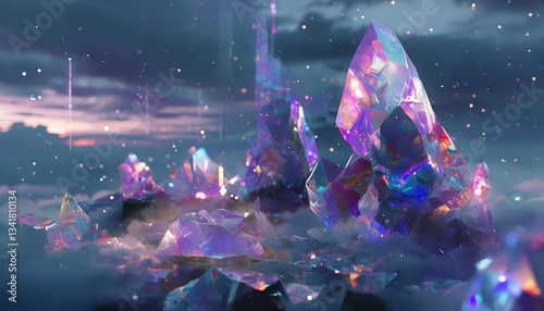 Fantasy landscape with glowing crystals and ethereal clouds. Dreamy, magical design perfect for fantasy, abstract, or background themes.