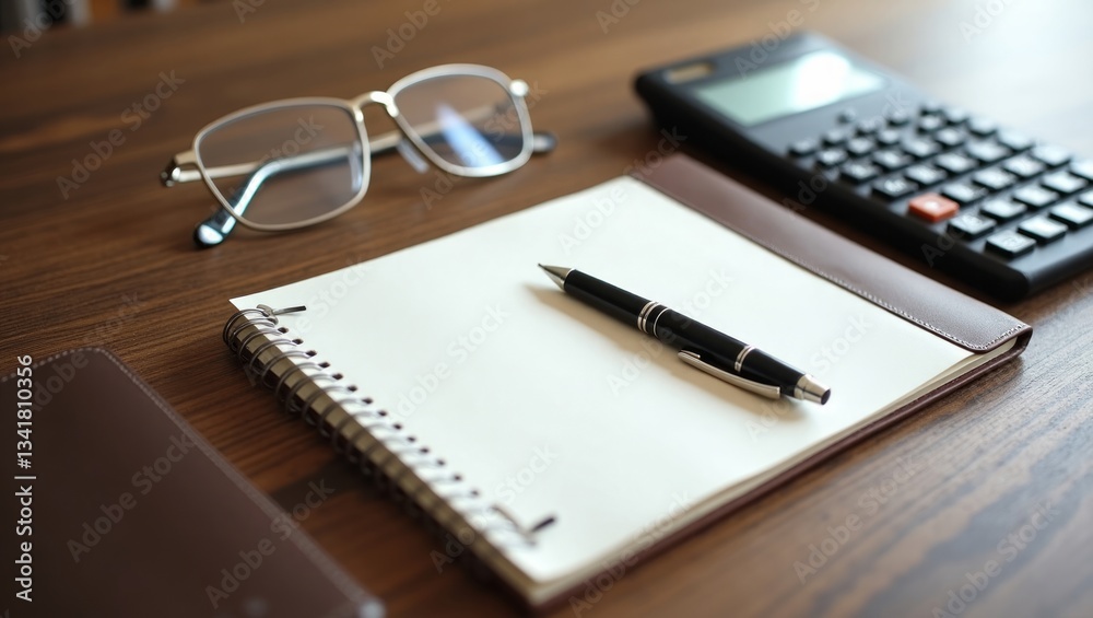 Office supplies notebook, pen, calculator, and glasses neatly arranged on a wooden desk Office supplies notebook, pen, calculator, and glasses neatly arranged on a wooden desk