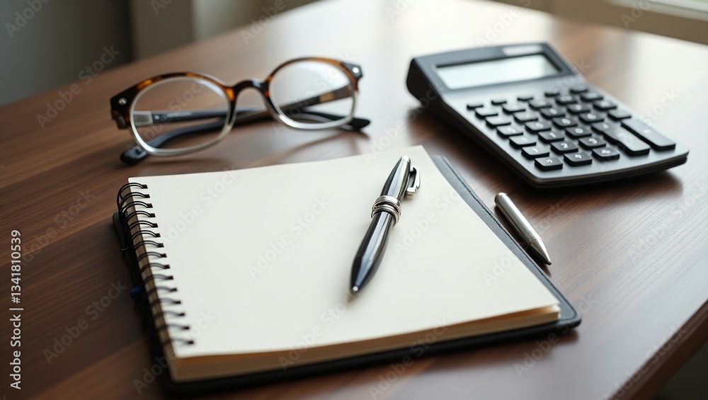 Office supplies notebook, pen, calculator, and glasses neatly arranged on a wooden desk Office supplies notebook, pen, calculator, and glasses neatly arranged on a wooden desk