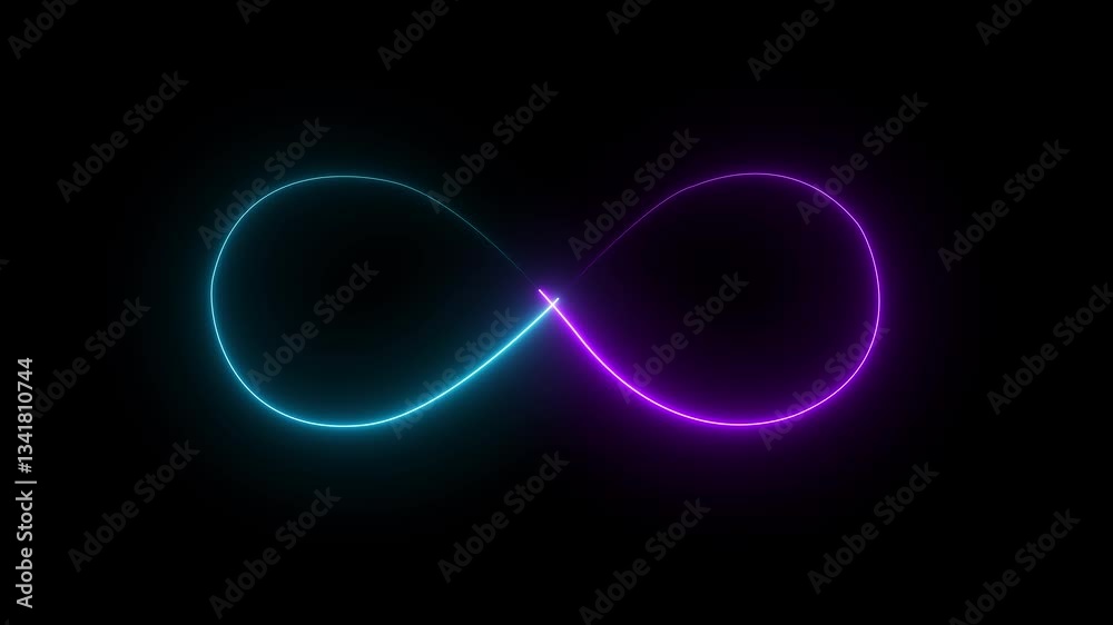Glowing infinity sign on black background. Animation of seamless loop Neon glowing blue light isolated on black background. Glowing infinity sign on black background. Animation of seamless loop.