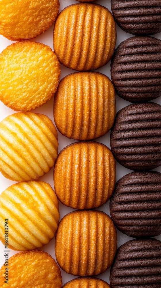 Variety of delicious cookies in golden and dark chocolate colors arranged in rows. Variety of delicious cookies in golden and dark chocolate colors arranged in rows.