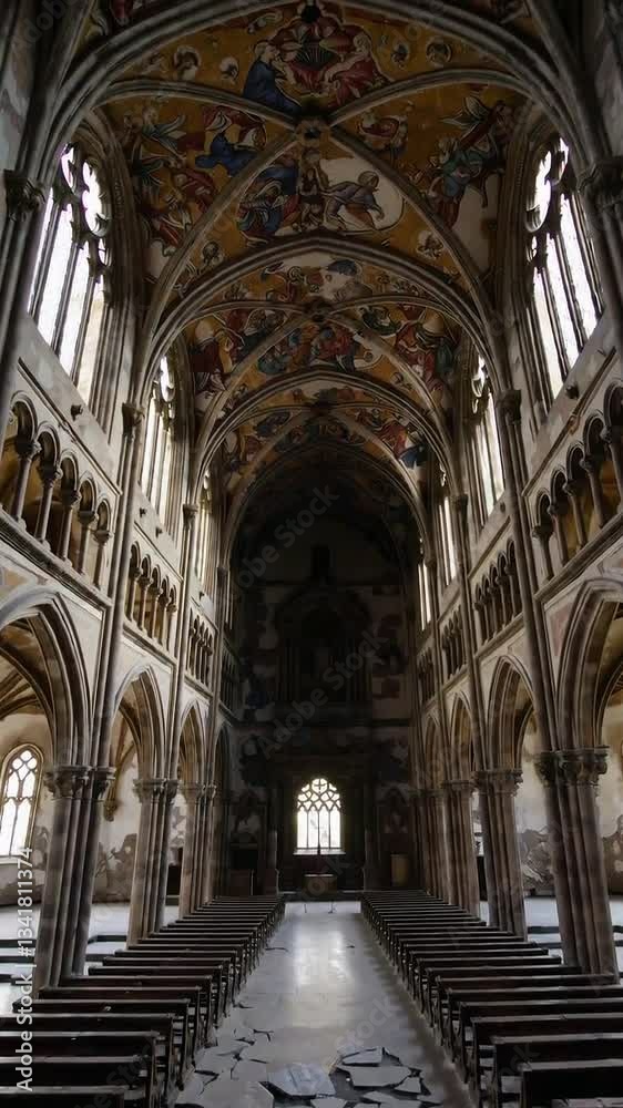 Timelapse of ancient cathedral interior with crumbling floor and ornate ceilings Timelapse of ancient cathedral interior with crumbling floor and ornate ceilings